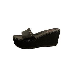 Prada Sport Authentic Solid Black Leather Platform Wedge Slides Sandals 6.5